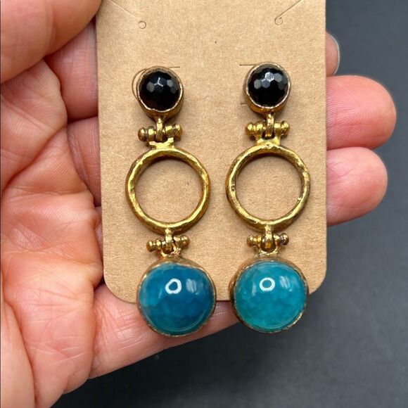 Vita New York 925 Gold Over Sterling Gold Black Green Gemstone Earrings - Picture 8 of 8